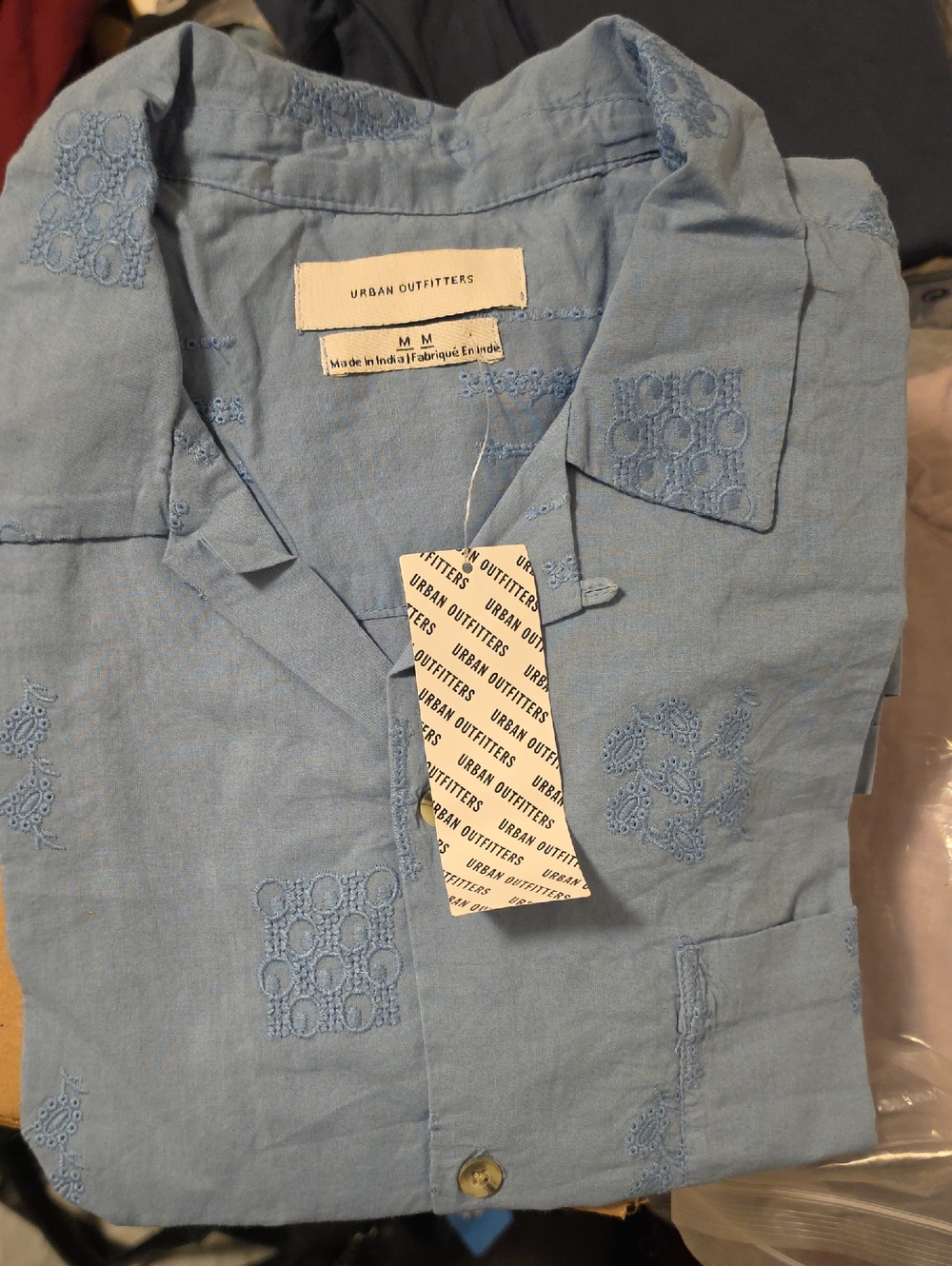 Brand New Urban Outfitters Light Blue Embroidered Camp Shirt Medium